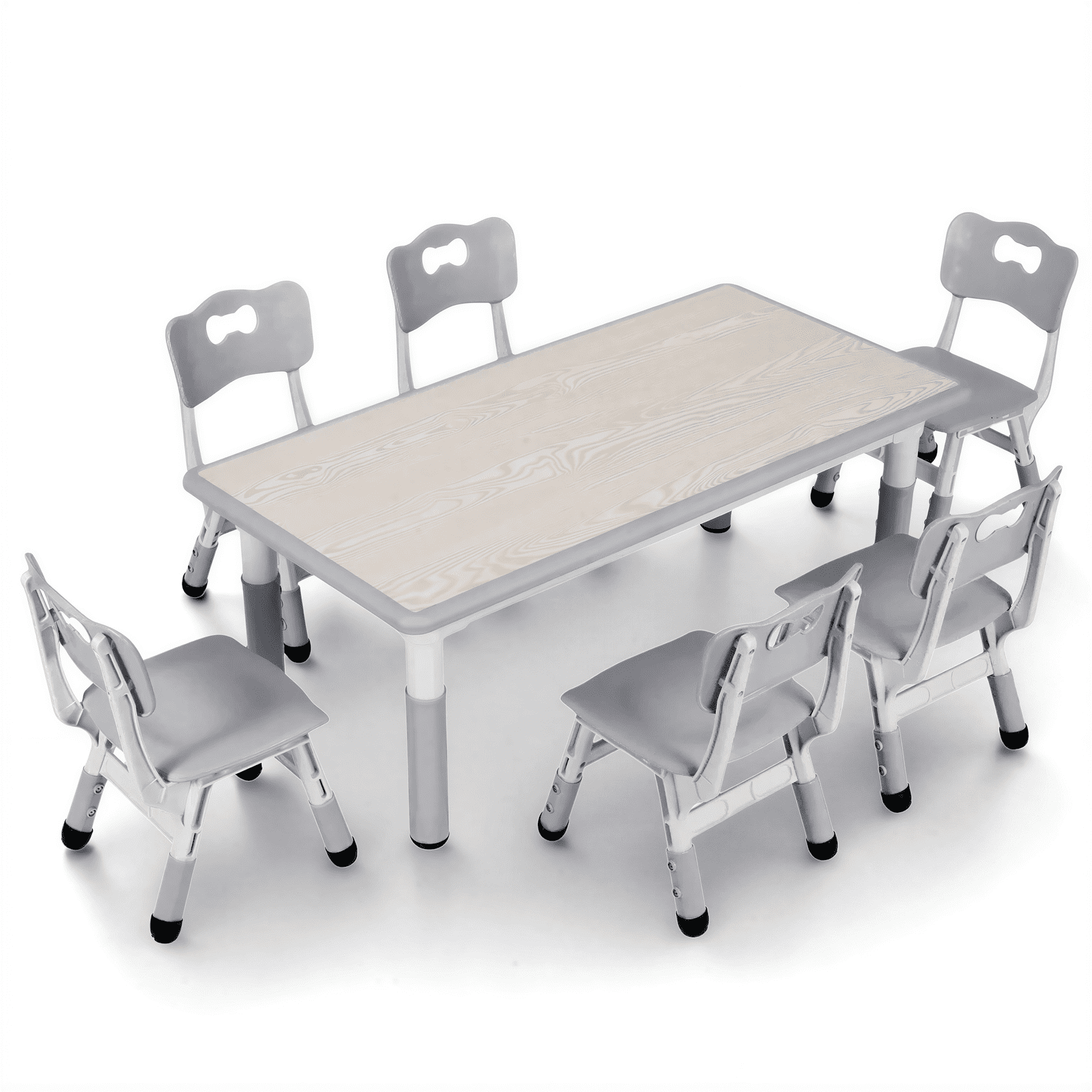 TLSUNNY Kids Table and 6 Chairs Set, Height Adjustable, Preschool Activity Table with Graffiti Top for Daycare Classroom, Ages 3-12, Gray