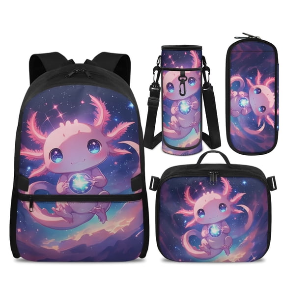 Yspwyqan Galaxy Axolotl Backpack Set with Lunch Box Pencil Case for Girls, 17 Inch Double Zipper Lightweight School Bags Fits 14" Laptop for School Travel Hiking