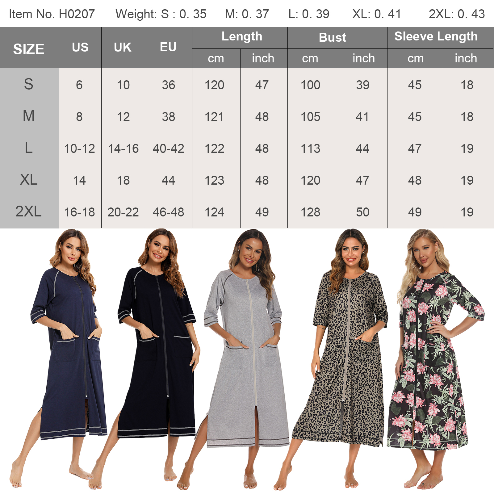 LOFIR Women Zipper Front Robes 3/4 Sleeve Loungewear Pockets Nightgown Loose-Fitting Ladies Long Sleepwear(Grey,L) - image 5 of 7