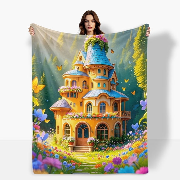 House Golden Light Flower Forest Themed Cozy Fleece Blanket Soft Warm Comfortable For Sofa Bed Travel Camping Living Room Office Chair Polyester Gift For Family Or Friends