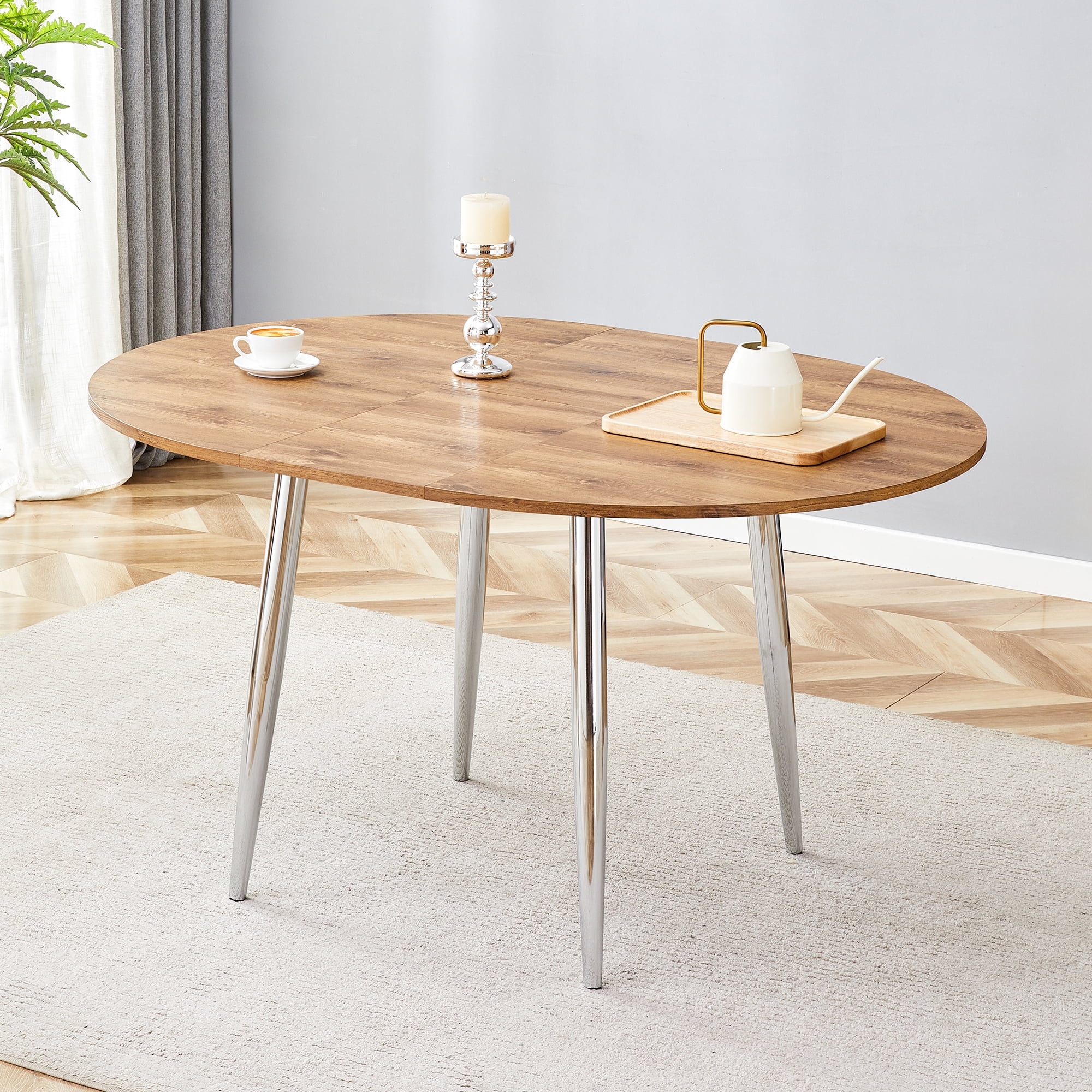 Mintazer Extendable Round to Oval Dining Table with Natural Wood Grain MDF Top & Chrome Metal Legs, Modern Kitchen Table for 4-6 People, Natural