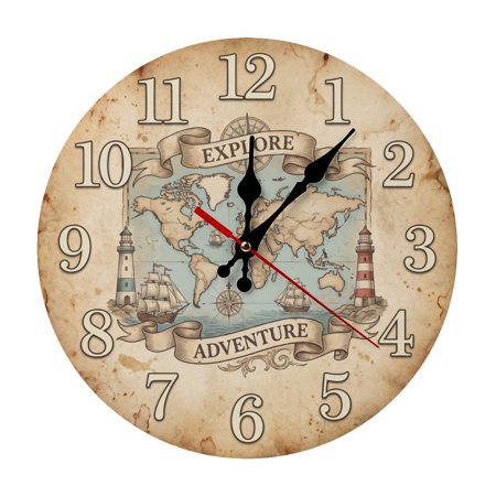 Antique World Map Nautical Design 5mm Thick Solid Wood Wall Clock, Quiet Quartz Movement Easy Install Hanging Clock