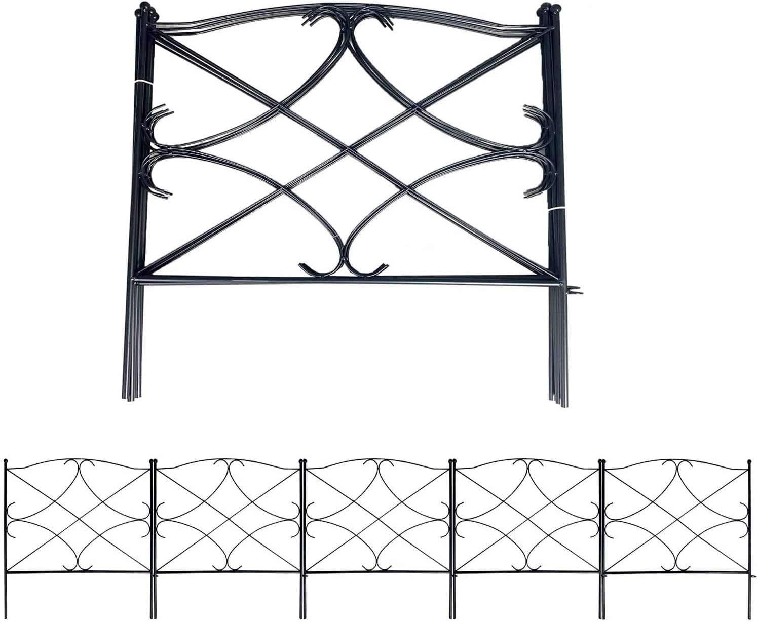 Set of 5 x Decorative Garden Fence 18in x 16in Coated Metal Outdoor Rustproof Landscape Wrought Iron Wire Border Fencing Folding Patio Fences Flower Bed Barrier Section Panel Decor Picket Edging Black