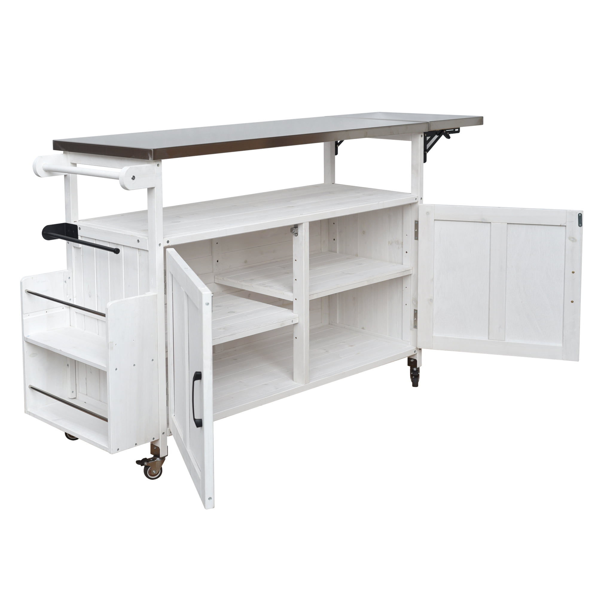 Harper & Bright Designs Outdoor Extendable Kitchen Island with Wheels, Patio Kitchen Cart with Foldable Stainless Steel Top, Portable Prep Station with Storage Cabinet and Towel Rack, White