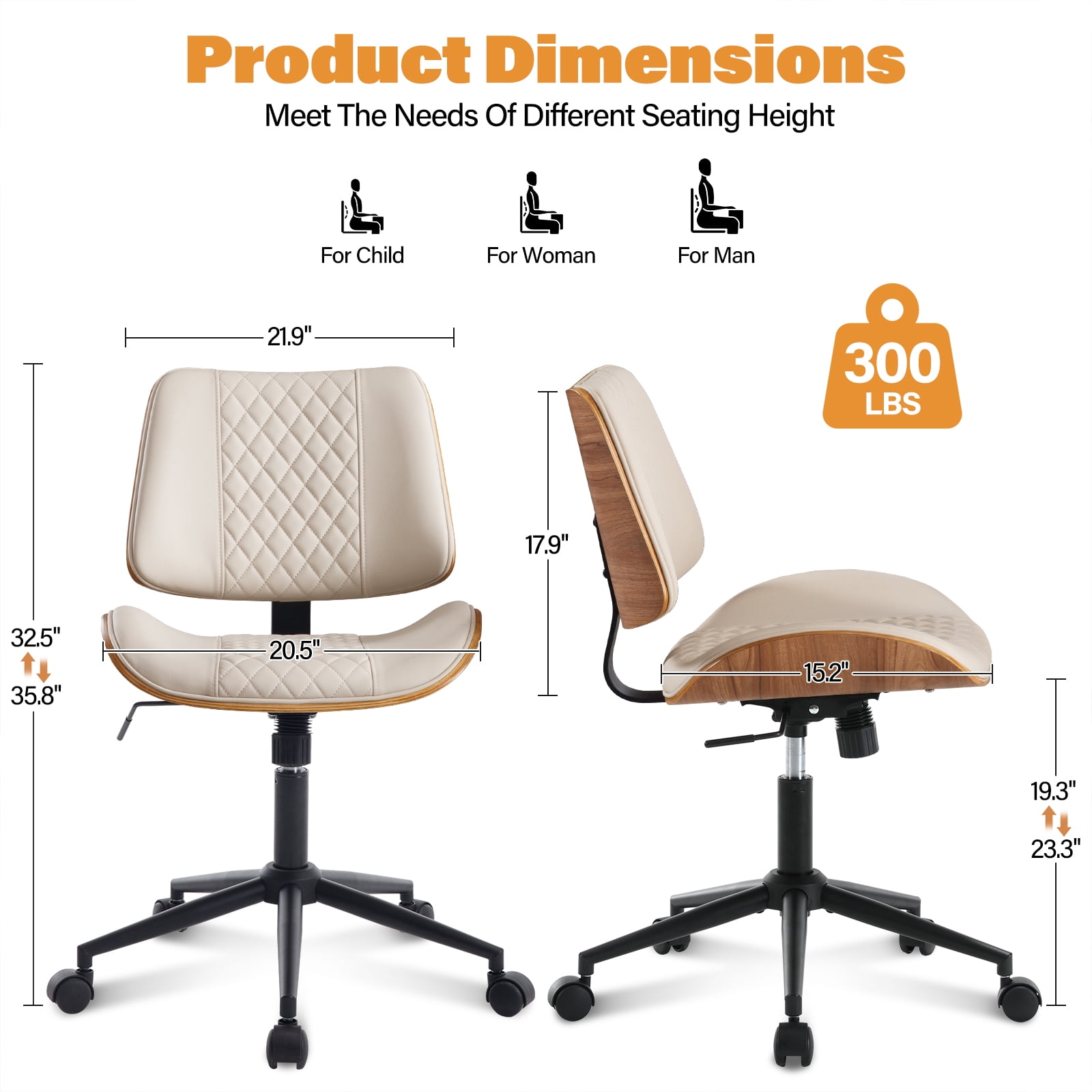 Home Office Chair with Wheels, Adjustable Height and 360° Swivel Armless Desk Chair, Modern PU Leather Mid-Back Computer Chair for Office Living Room Bedroom, Beige