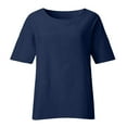 thumbnail image 4 of Dazajoo Cotton Linen Half Sleeve Tops for Women Solid Color Side Slit Shirts 2024 Summer Womens Casual Plus Size Crew Neck Blouses,Dark Blue,XXL, 4 of 5