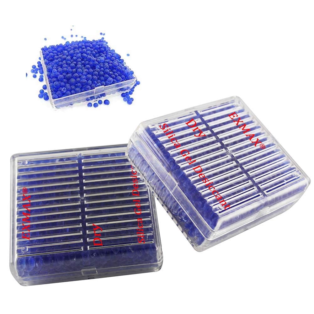EXMAX Blue Indicating Silica Gel Beads(2-4mm) Desiccant Functional Hard Plastic Canister Dehumidifier Moisture Absorb Box Dryer for Camera Microscopes Telescopes - 8 Pack