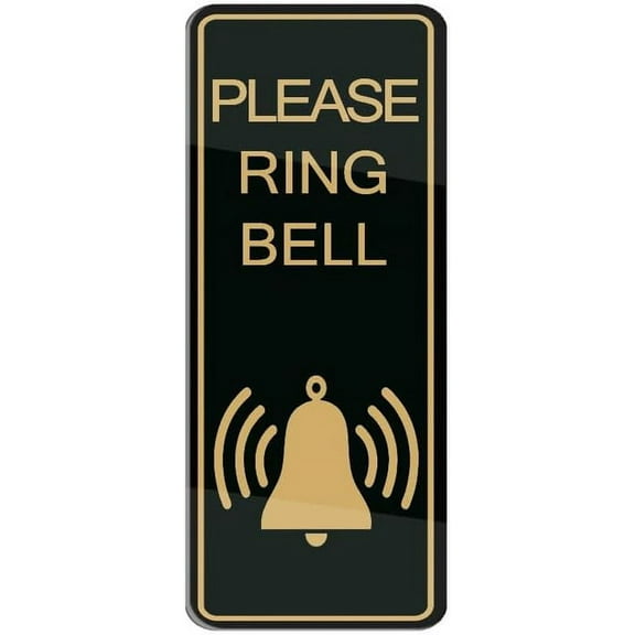 Please Ring Bell Sign For House, Acrylic Plaque With Strong Adhesives For Front Door/Wall/Window Home & Office Business Outdoor, Gold Letters On Black Background,Acrylic Sign，10X3 Inch