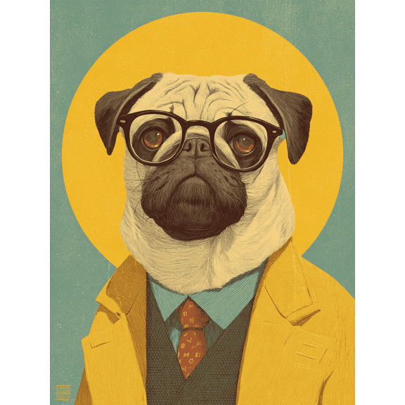 Smart Pug Portrait Canvas Print, Suitable for Living Room, Bedroom, Office, Coffee Shop, Bar, Restaurant, Study