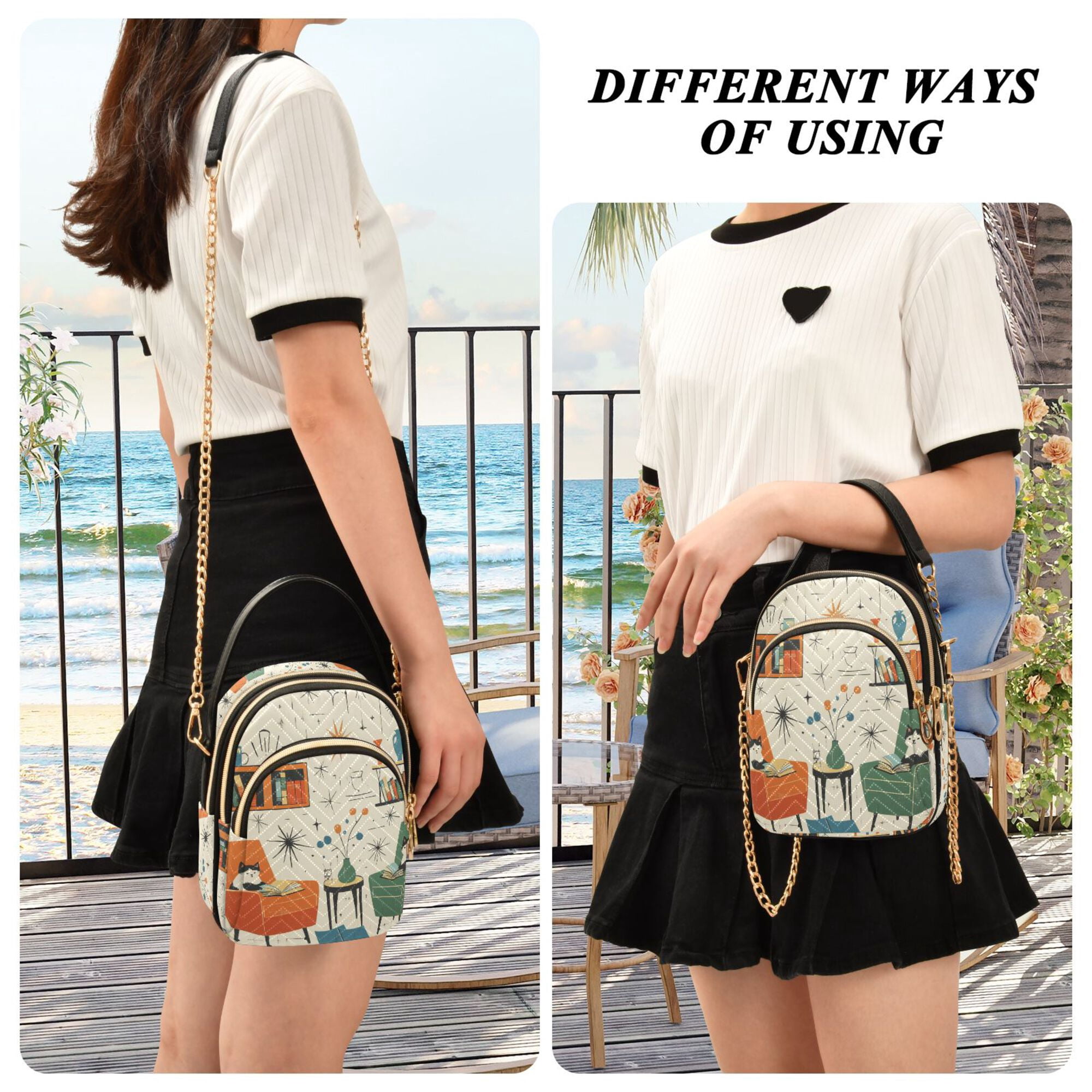 FORMRS Crossbody Bag for Women Quilted Travel Shoulder Cell Phone Purse with Chain Strap Handbag, Beige Cats Reading