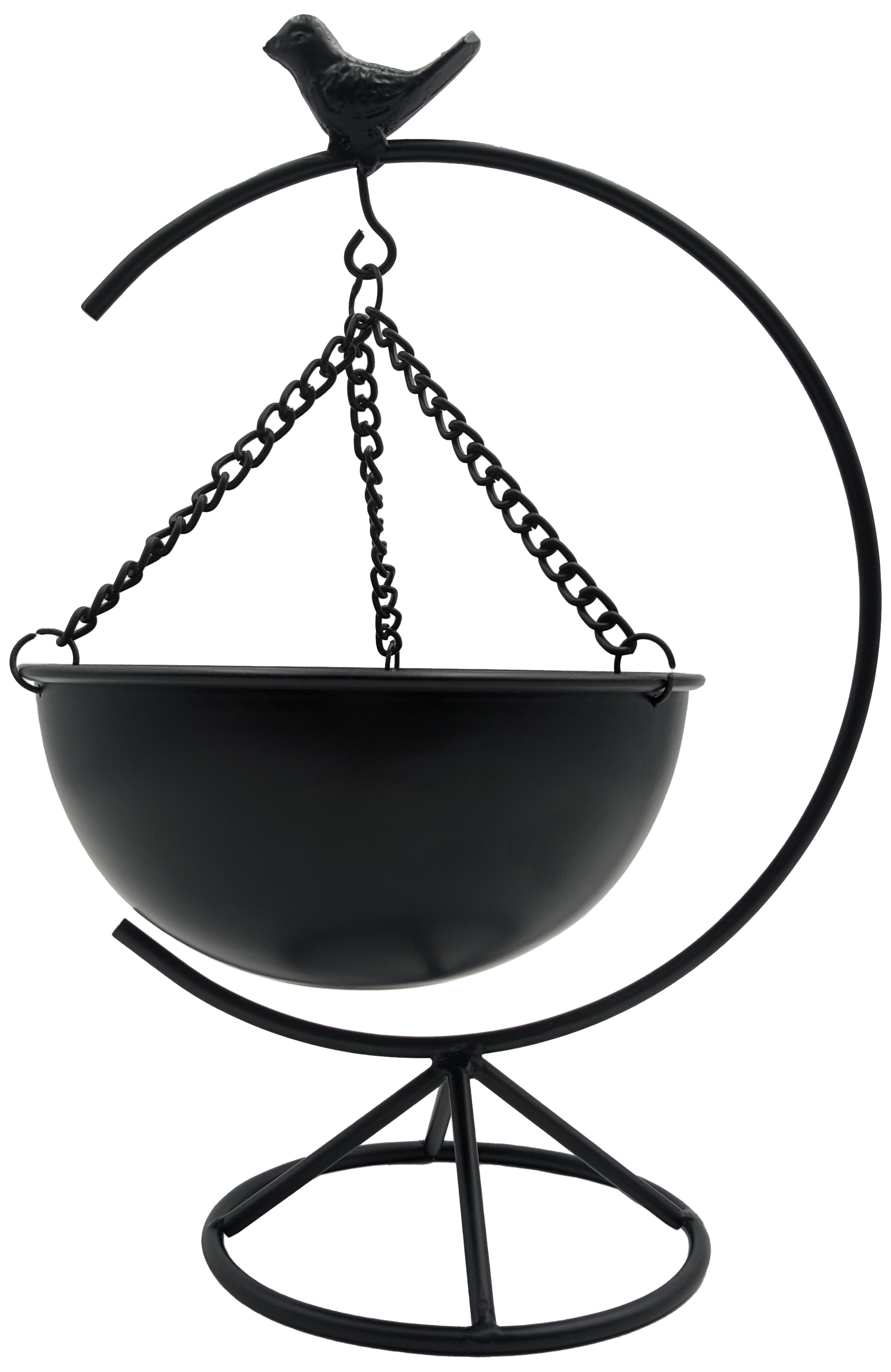 Science Purchase Elegant Matte Black Metal Bird Floor-Standing Indoor Planter with Hanging Bowl for Small Plants, 13-inches Tall x 8.6-inches Wide