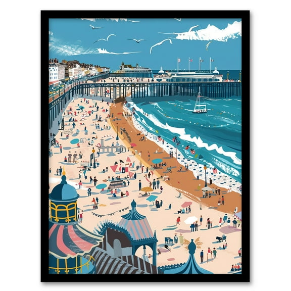 Artery8 Brighton Pier Beach Holiday Colourful Painting Living Room Art Print Framed Poster Wall Decor 12x16 inch