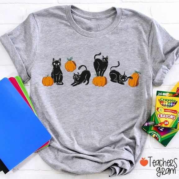 Black Cat Playing Pumpkin Halloween Teacher T-Shirt, Cute Fall Graphic Tee for Educators, Spooky Classroom Shirt for Women, October Outfit