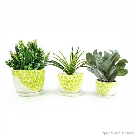 Lime Yellow Daisies Triple Ceramic Planter Pot 3 Set w/ Water Draining Hole and Saucer (Plants not included)