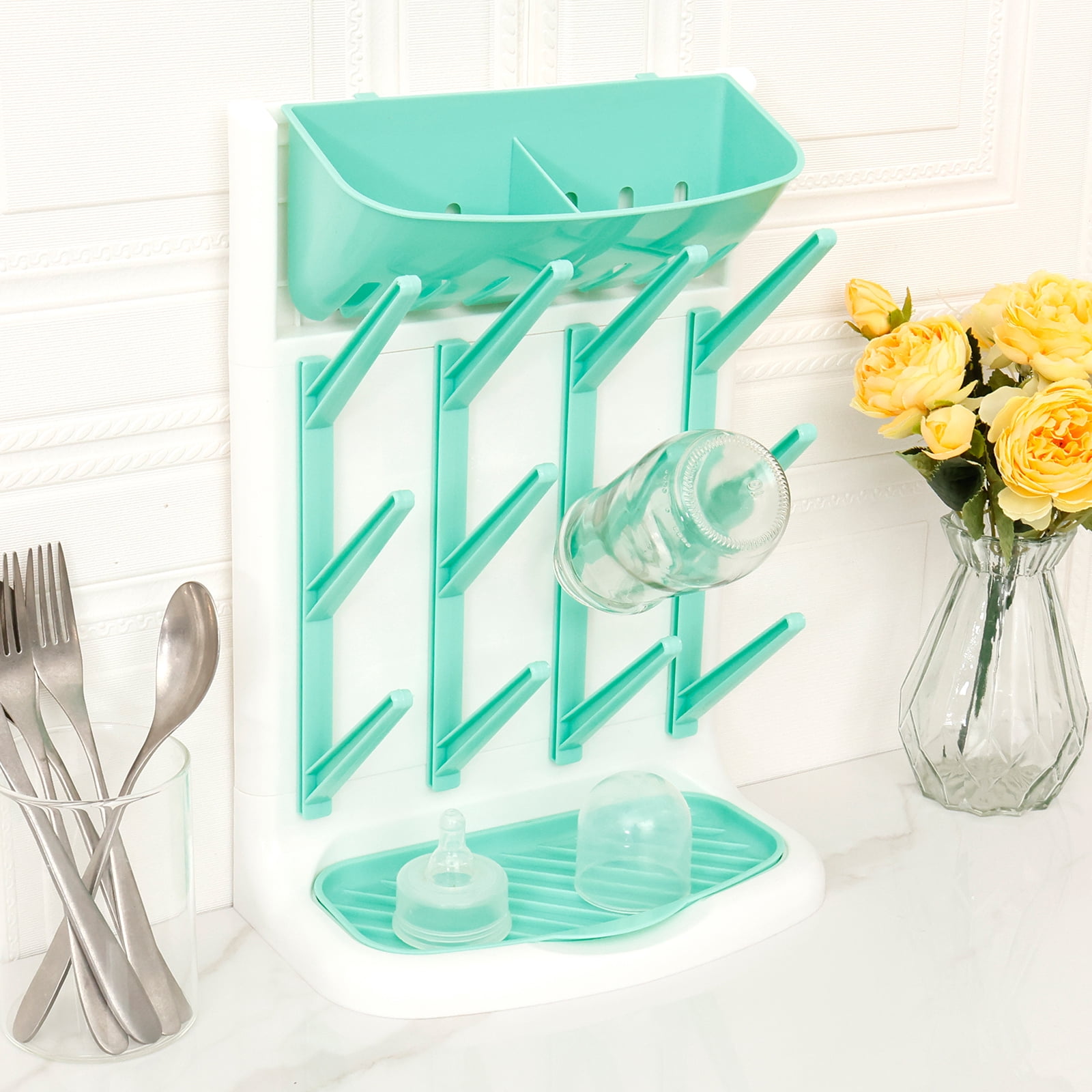 Baby Bottle Drying Rack Plastic Vertical Standing Bottle Dryer Holder with Detachable Bottom Drip Tray Space Saving for Kitchen Countertop