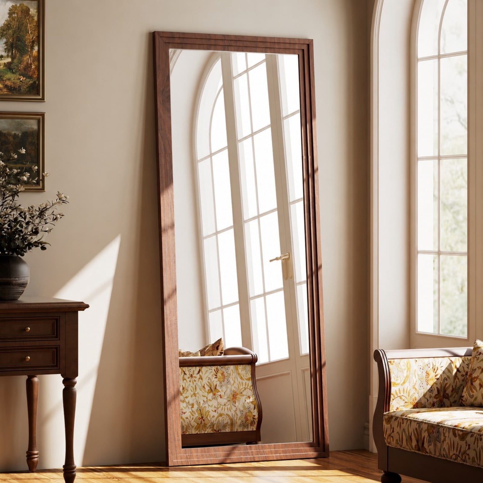 AUROMIR 30"x 71" Classic Paulownia Wood Framed Rectangle Full Length Mirror, Brown