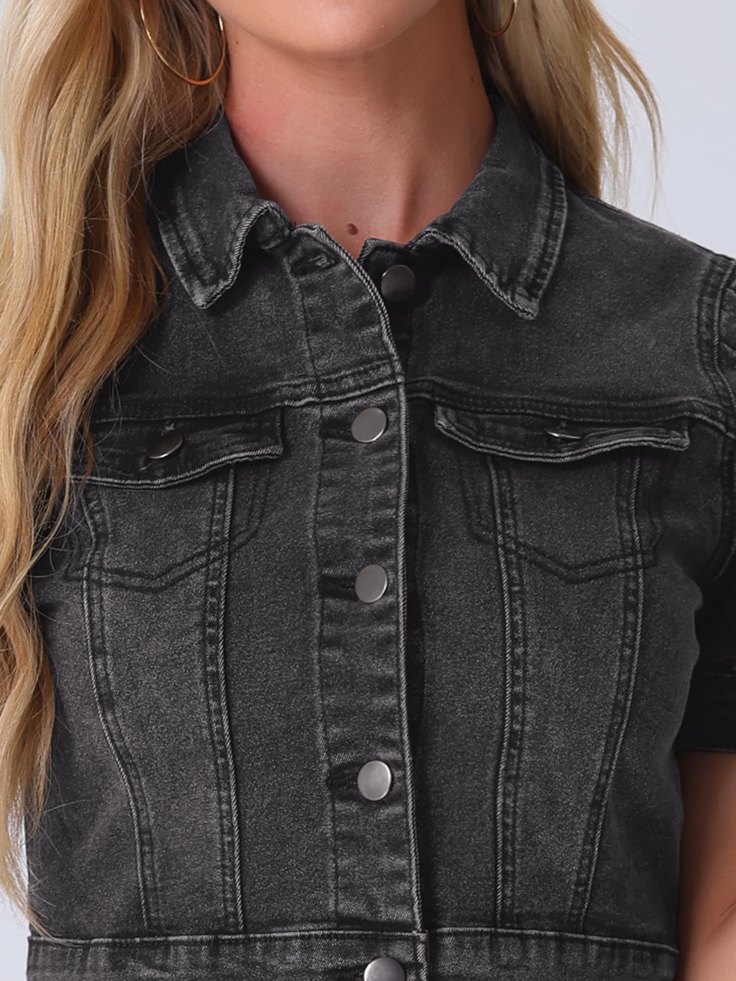 DARING DIVA Women's Cropped Jackets Puff Button Down Washed Denim Jean Jacket XL Dark Gray