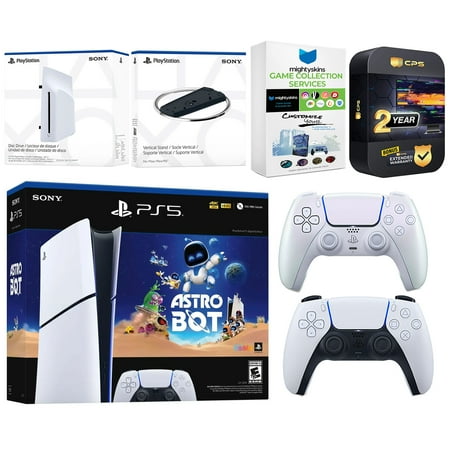 Sony PlayStation 5 Astro Bot Slim Digital Bundle with Disc Drive, Extra Controller, Vertical Stand, MightySkins Game Collection Services and 2 Year Extended Warranty - Chroma Pearl