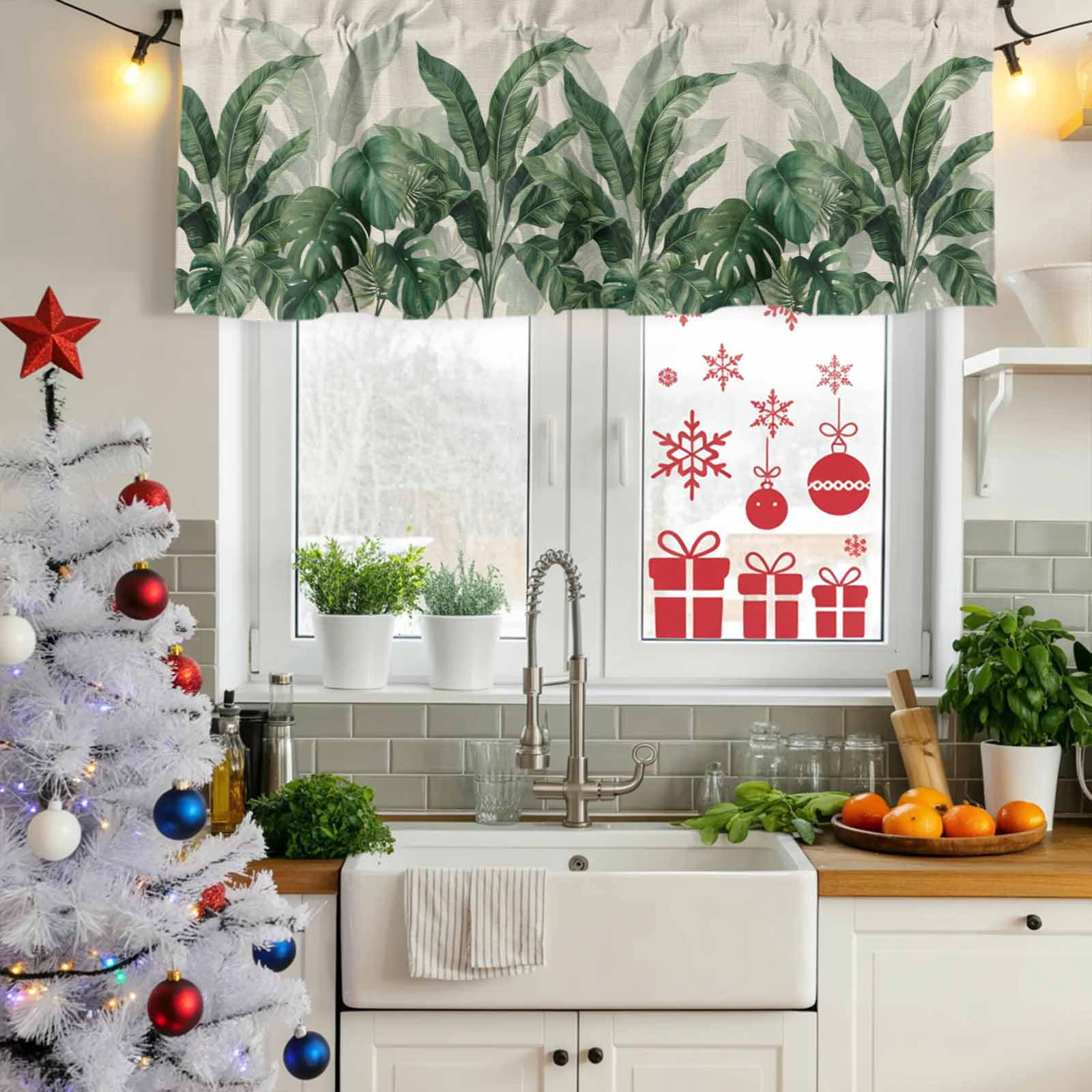 2 Pack Valances for Windows, Palm Leaves Tropical Window Valances for Living Room/Bedroom/Bathroom, Green Botanical Summer Linen Light Filtering Kitchen Curtain Valance Window Treatment 60"W x18" L