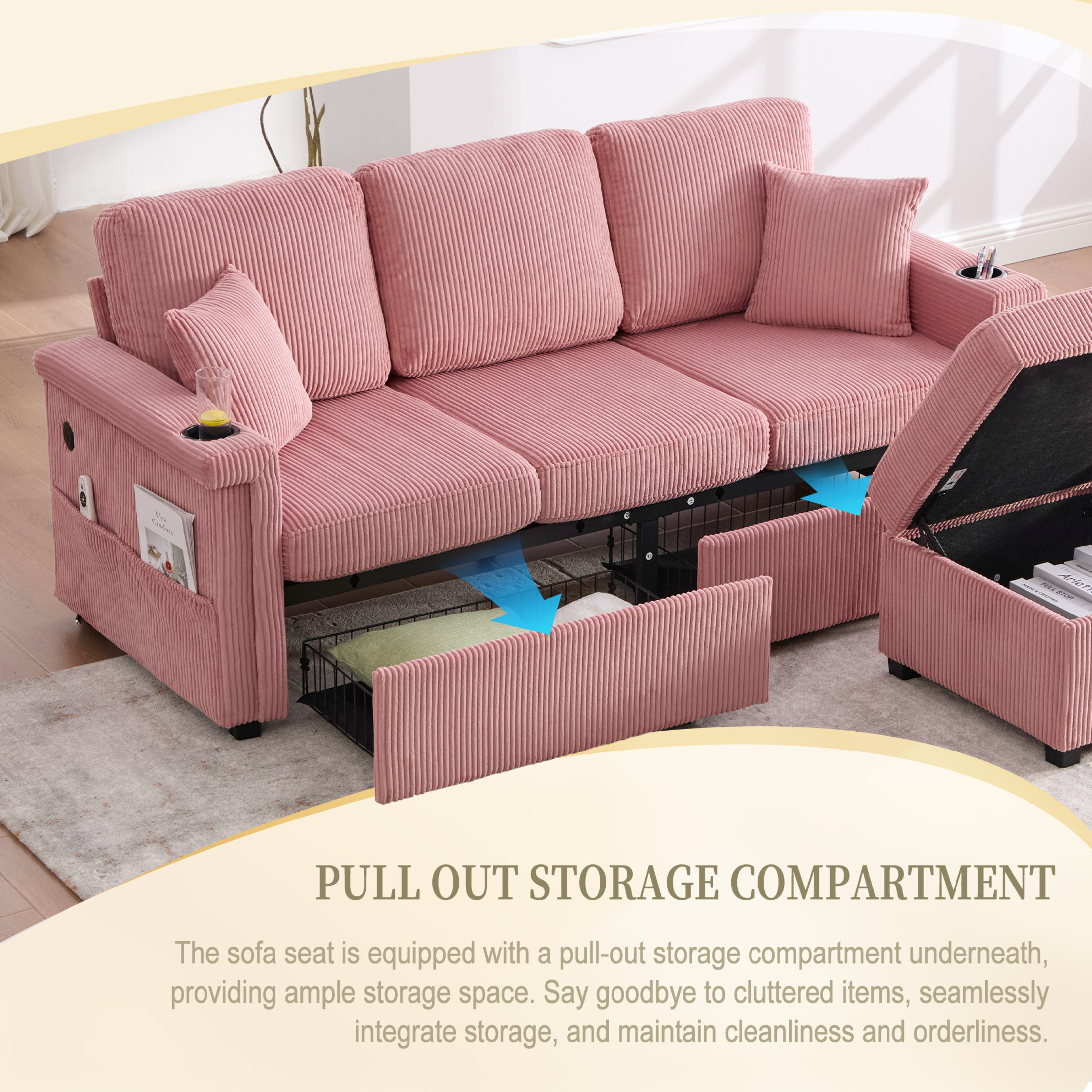 Noble House Elena 4-Seater L-Shaped Corduroy Sectional Sofa with Pull-Out Storage, Ottoman for Living Room, Pink