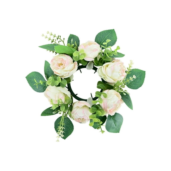 Twfbrm Flower Candle Rings Wreath, 3" Inner Artificial Peony Candle Ring with Green Leaves, Floral Pillar Candle Holder Decorative Tealight Candle Garland Table Centerpieces Spring Decor for Wedding