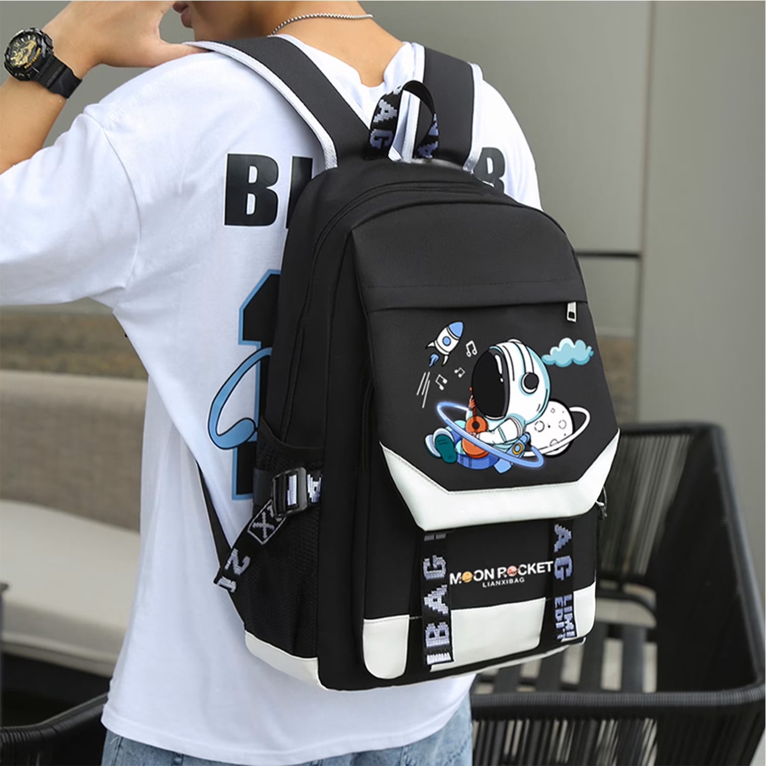 Lvelia Boys School Backpacks for Kids, Fashion Large Capacity School Bag,Waterproof Bookbags with USB Charge Port,Spaceman Printed Black