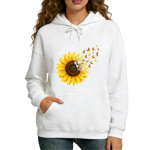 White Sunflower Butterfly Hoodie Women Floral Print Casual S-2XL Tops