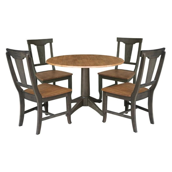 Wood 42 in. Round Drop Leaf Dining Table with 4 Chairs in Hickory/Washed Coal