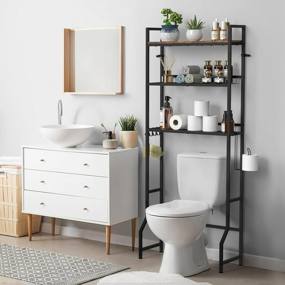 3 Tier Industrial Over the Toilet Storage Rack with Hooks & Roll Holder,Brown