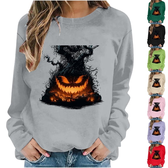 FNFYFH Halloween Sweatshirts for Women Ghost Pumpkin Graphic Halloween Sweater Spooky Season Sweatshirt Long Sleeve Fall Pumpkin Face Pullover Tops