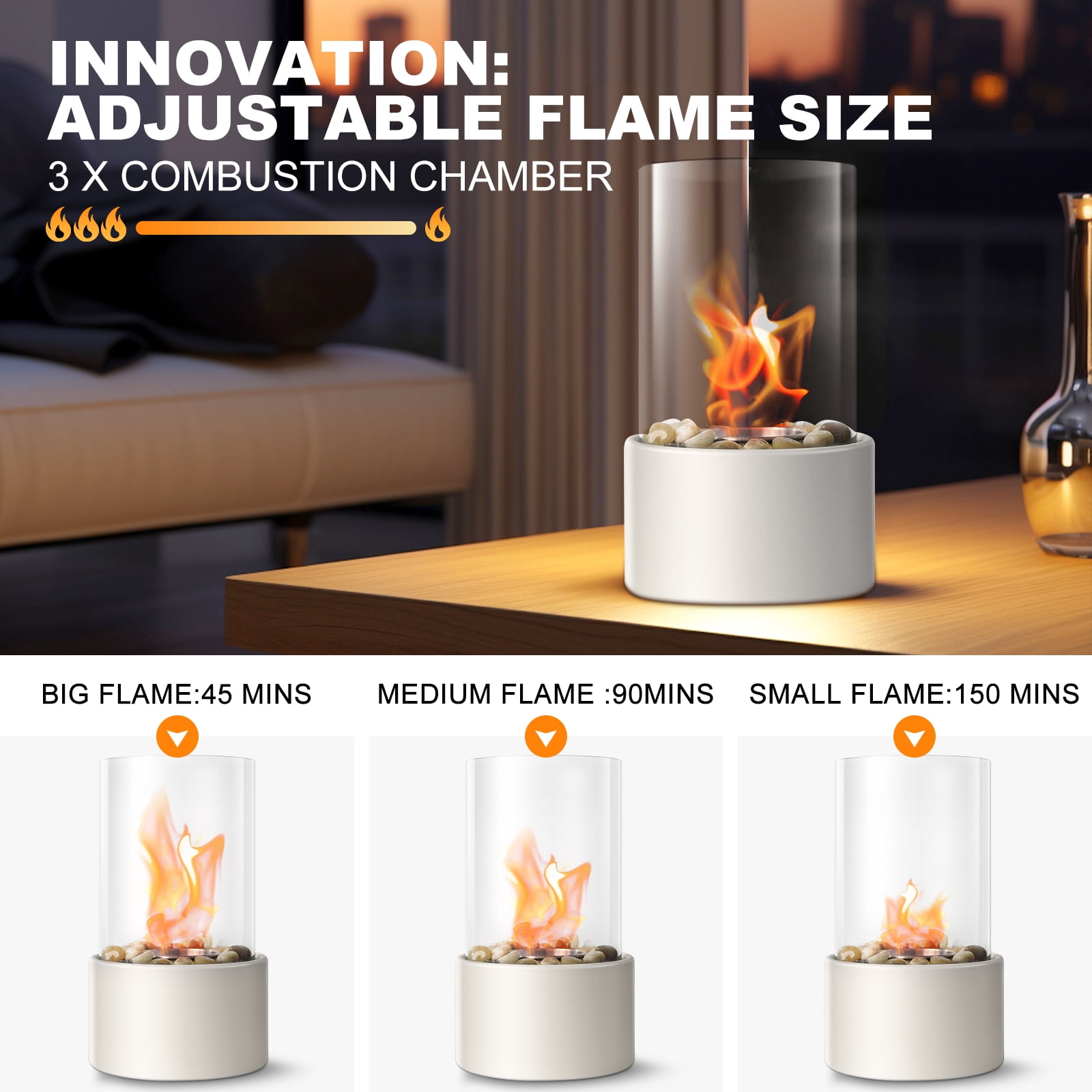 Portable Tabletop Fire Pit with 3 Combustion Charmbers,Indoor & Outdoor Table Top Firepit Bowl, Mini Fireplace with Cobblestones for Modern Home Decoration