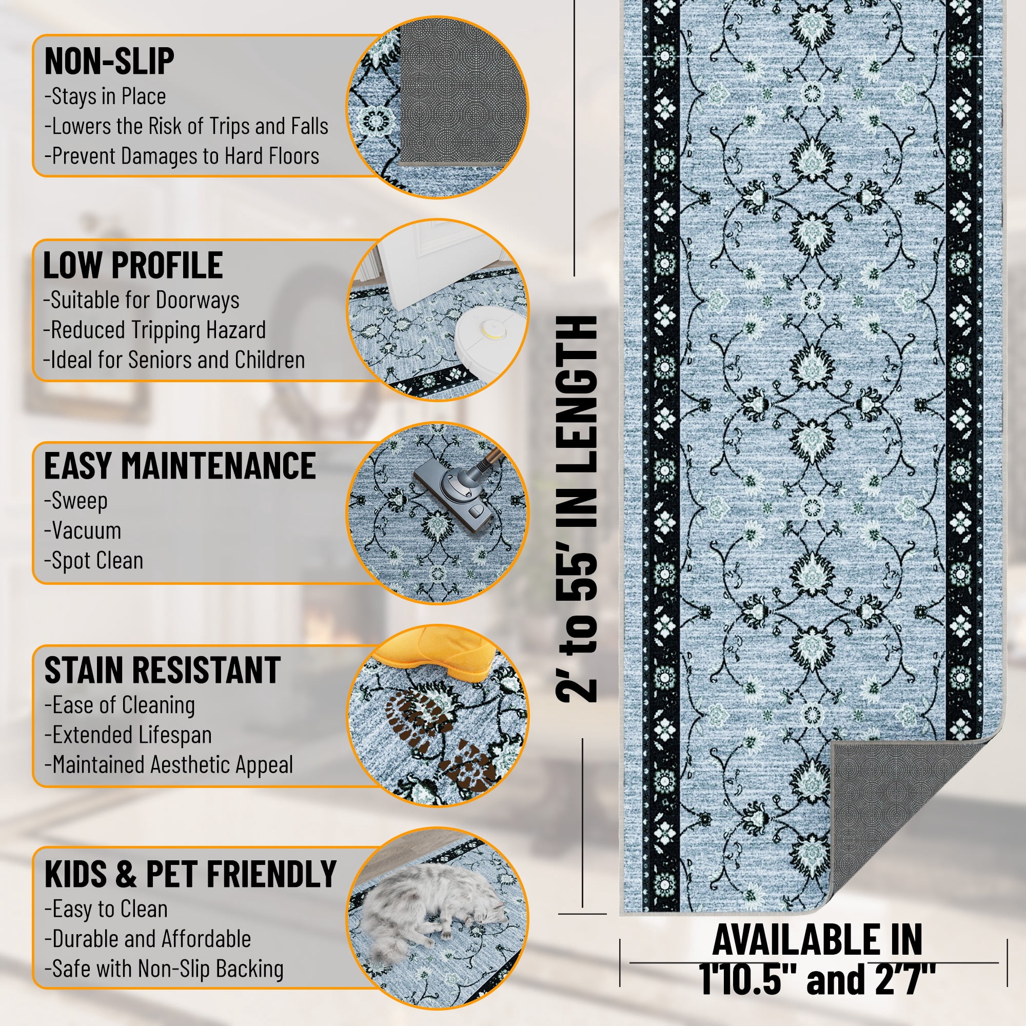 Ottomanson Aisle Runner Rug 1'10.5" x 17' Soft Non-Slip Indoor Rug, Mahal Blue