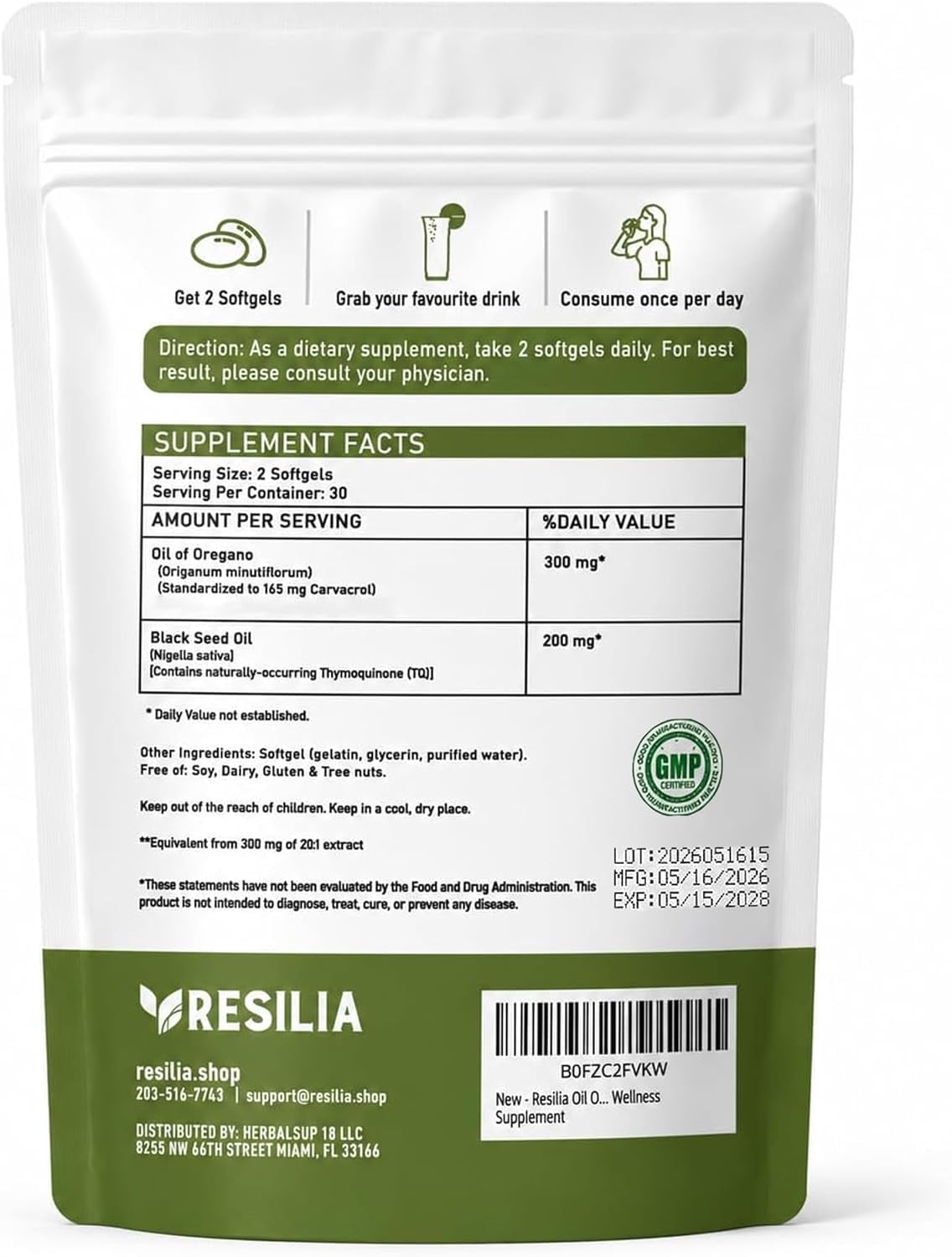 Resilia Oil of Oregano with Black Seed Oil, Oregano Oil Supplement, 60 Softgels