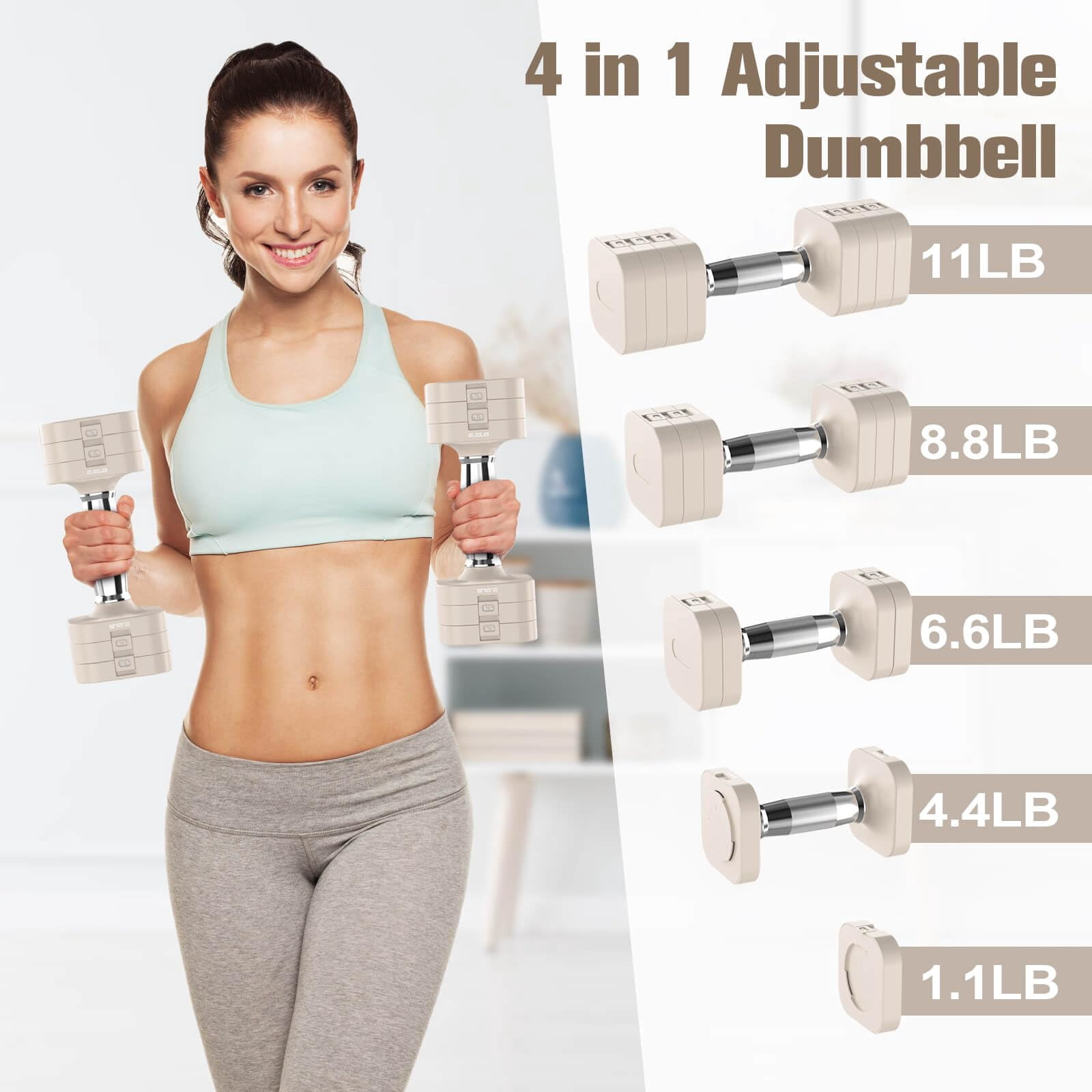 22lbs Adjustable Dumbbells Set  Weight With 4 Levels 4.4lb 6.6lb 8.8lb 11lb Hand Weights Sets For Women/men Home Gym Full Body Workout