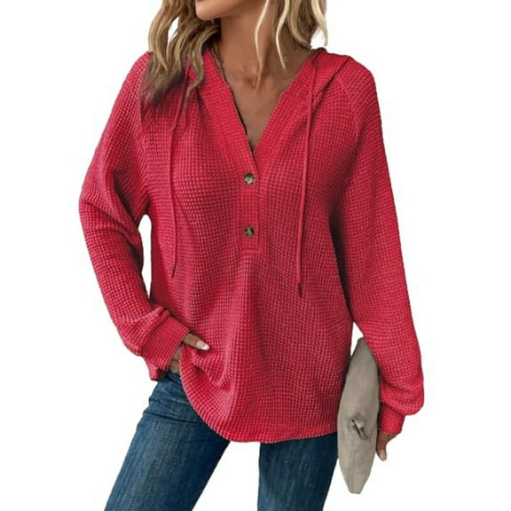 UoCefik Western Hoodies for Women Oversized Waffle Knit Button Down Long Sleeve Sweatshirt Fall Casual V Neck Drawstring Pullover Trendy Hooded Loose Fit Sweaters Red L