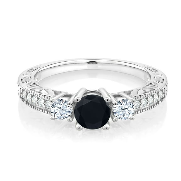 Gem Stone King 925 Sterling Silver Black Onyx and White Created Sapphire 3-Stone Ring for Women | 0.87 Cttw | Gemstone Birthstone | Wedding Engagement Anniversary Promise Ring for Women | Size 7