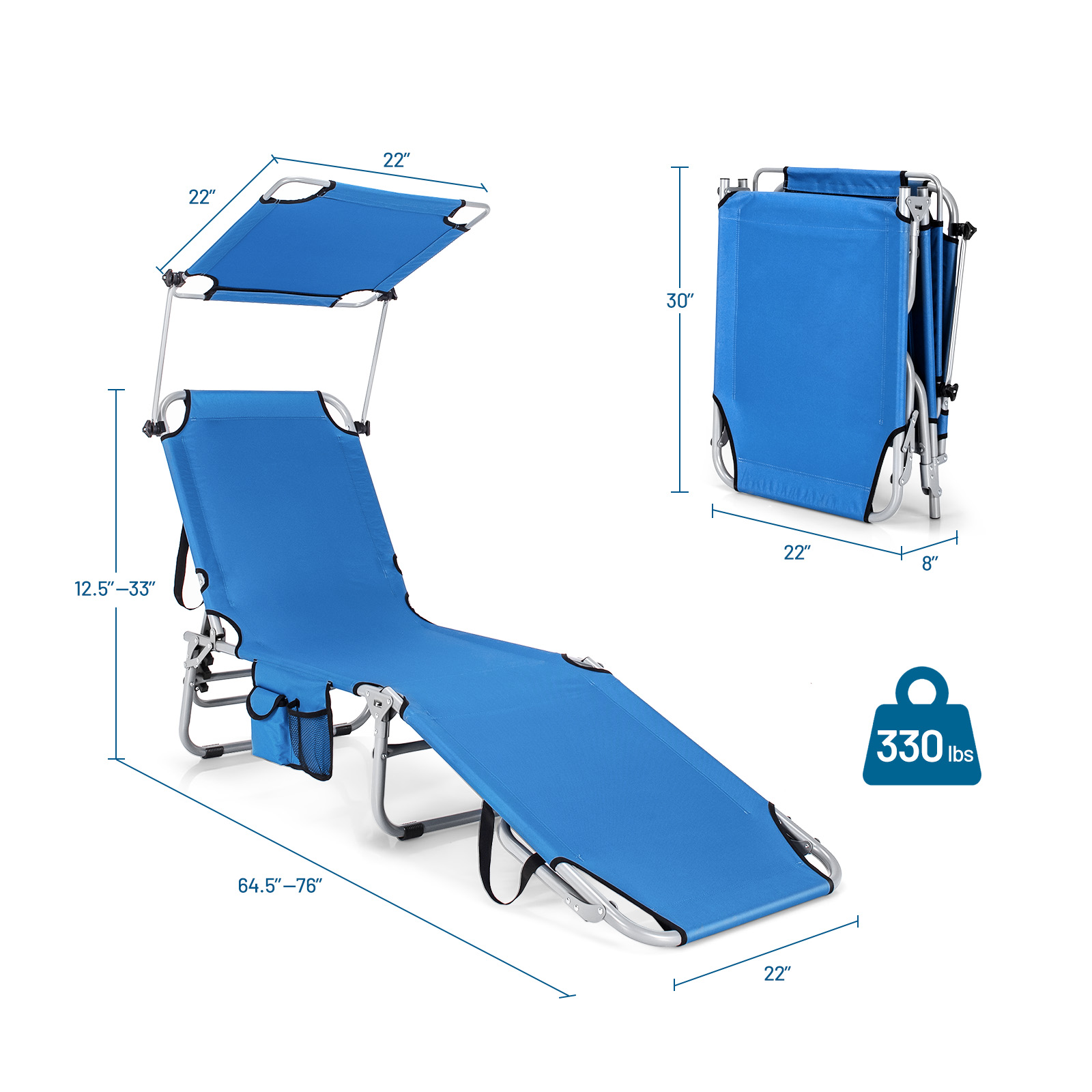 Topbuy Foldable Sun Shading Chaise Lounge Chair Adjustable Beach Recliner Blue - image 4 of 10
