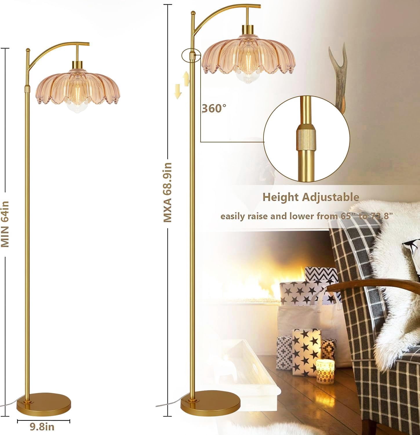 Vintage Floor Lamps For Living Room Glass Lamp With Remote Control & 3 Color Temperature Dimmable Mid Century Modern Standing Brass Tall Bedroom Corner