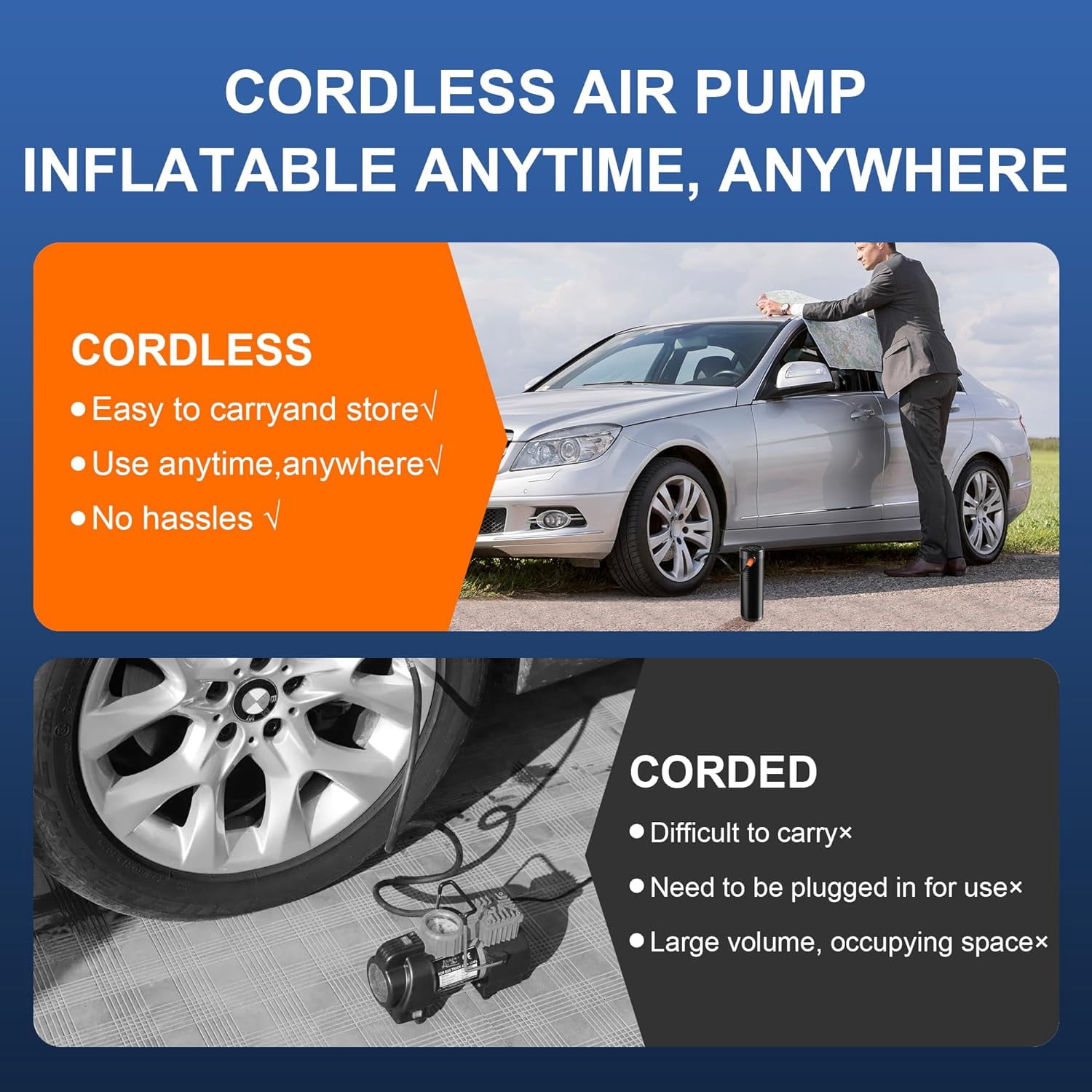 Tire Inflator Portable Air Compressor, 150 PSI Portable Air Pump for Car Tires, Electric Air Compressor Car Accessories with Pressure Gauge LCD Screen for Car, Motorcycle, Bicycle and More