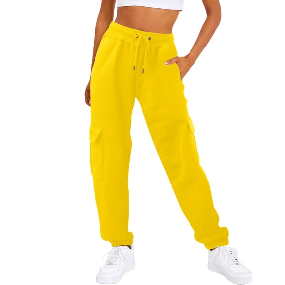 Women's Sweatpants Baggy Casual High Waisted Workout Athletic Bottom Joggers Pants with Pockets, Cargo Style Sport Pants for Women, Elastic Waist,Yellow,XL
