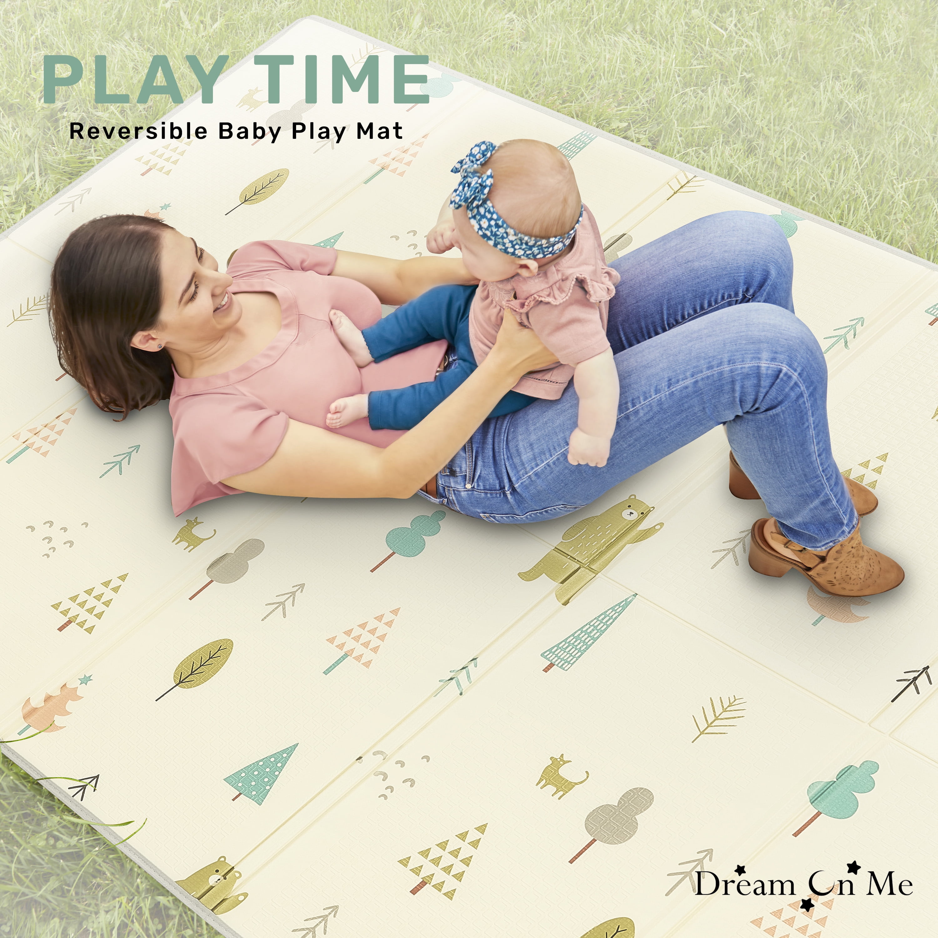 Dream On Me Play Time Reversible Baby Play Mat Foldable Extra Large Thick Foam Crawling Playmats for Toddlers Waterproof Portable Playmat Yoga/Picnic/Game Mat Indoor/Outdoor, Cloud and Jungle Bear