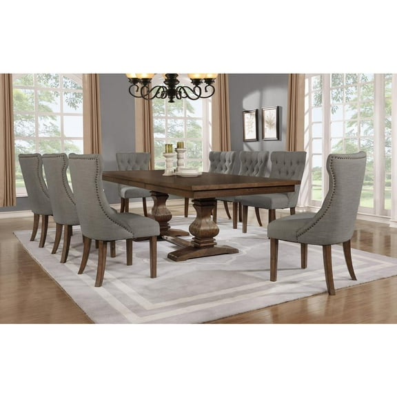 Walnut Wood 9pc Dining Set with Extendable Table and Gray Linen Chairs