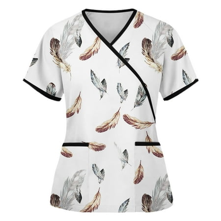 

Olyvenn Women s Trendy Nursing Working Uniform with Pocket Rollbacks 2023 Fashion Summer Short Sleeve Tees Feathers Graphic Wrape Tops V Neck Shirts Tunic Scrub Tops Blouse Vintage White 6