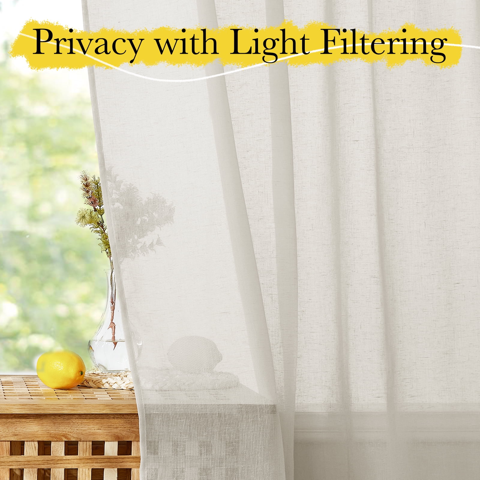 NICETOWN Natural Linen Curtains 108 inches Long, Rod Pocket Linen Sheer Curtains Semi Sheer Linen Curtains Privacy Light Filtering Window Treatments for Farmhouse, 52"x108", 2 Panels