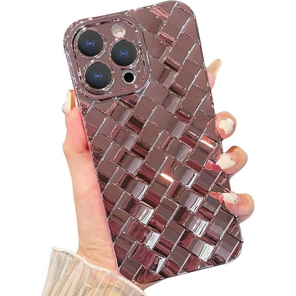 Compatible with iPhone 14 Pro Max Case for Women 3D Luxury Woven Grid Pattern Desgin Plating Phone Case Camera Protection Shockproof Phone Case for iPhone 14 Pro Max 6.7" - Rose Gold