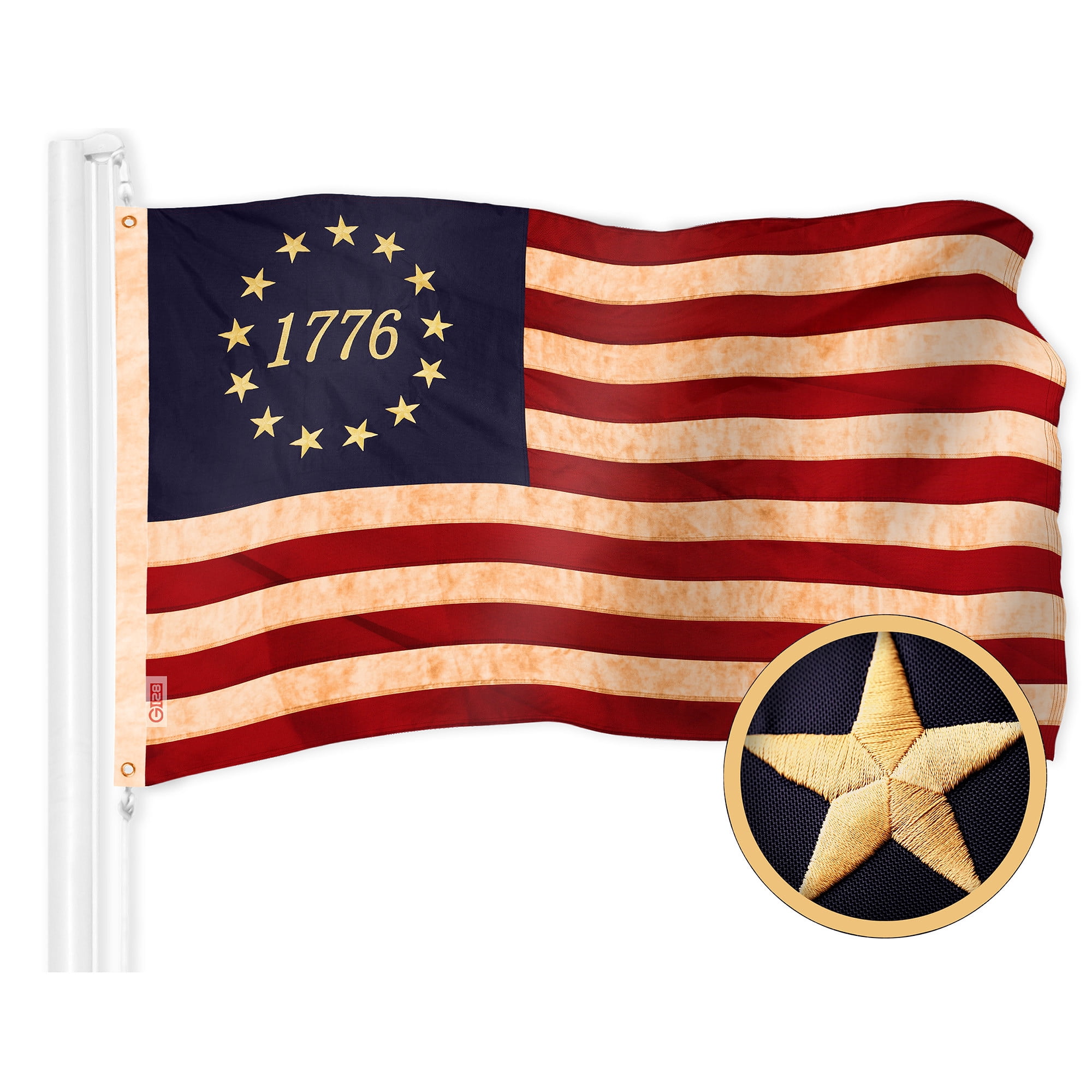 G128 Combo Pack: American USA Tea-Stained Flag 4x6 Ft & 1776 Tea-Stained Flag 4x6 Ft | Both ToughWeave Pro Series Embroidered 420D Polyester, Embroidered Design, Indoor/Outdoor, Brass Grommets