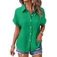 thumbnail image 4 of YDFCWXW Button Down Dressy Shirts for Womens Gauze Shirts Casual Short Sleeve Textured Collared Summer Work Blouse Clothes Green, L, 4 of 8