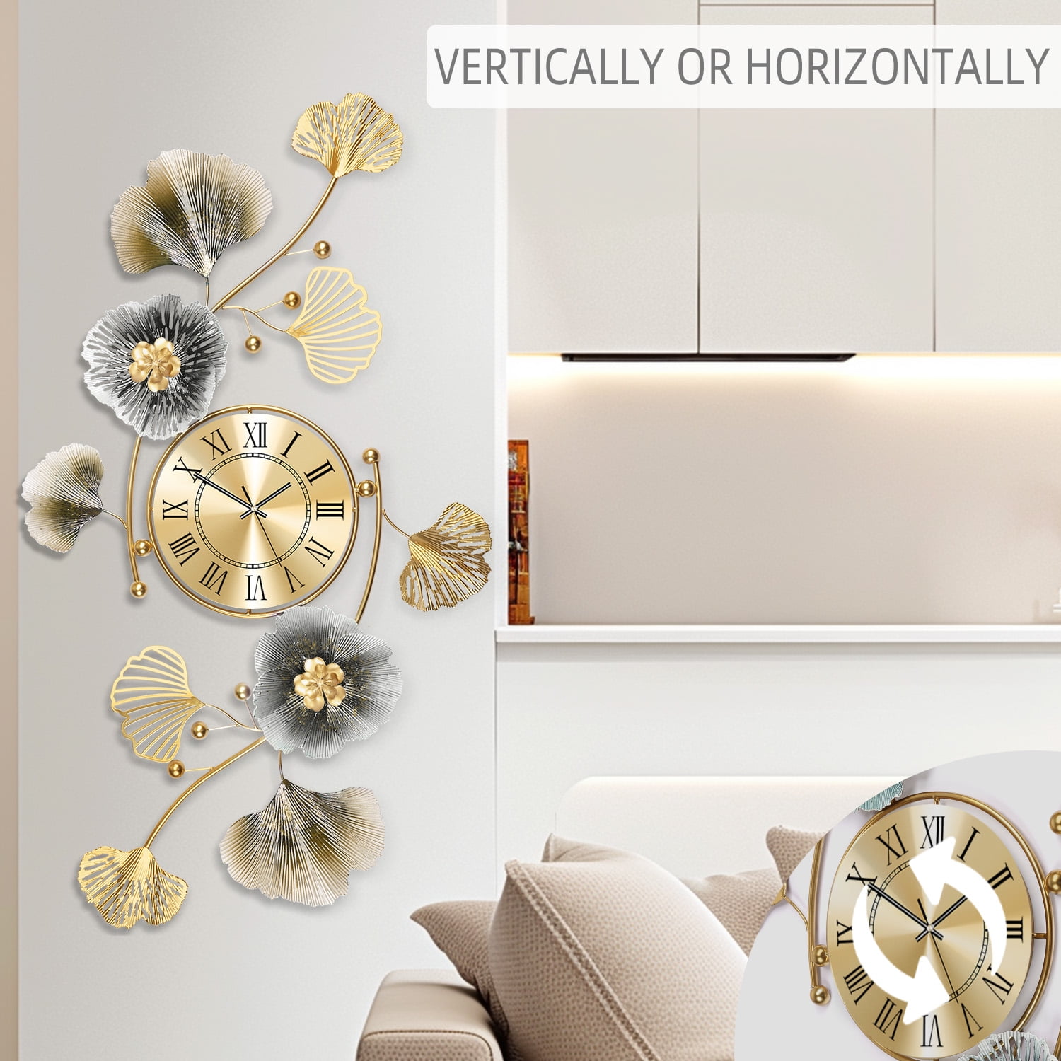 36"Large Wall Clock – 3D Metal Ginkgo Leaf Decorative Wall Clock, Non-Ticking Wall Clocks Battery Operated, Modern Clocks for Living Room, Gift-Ready for Home or Office
