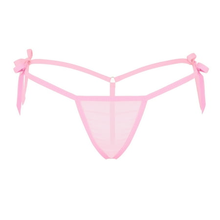 Linjinx Women s Lingerie Sheer Low Rise Tie-Side T Back G-String Micro Thong Underwear Pink One Size