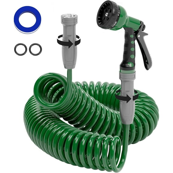 3/8 "lightweight rolled gardening hose 50 feet, EVA flexible curled water pipe with 6 nozzle modes, suitable for boats, greenhouses, yards, terraces, green